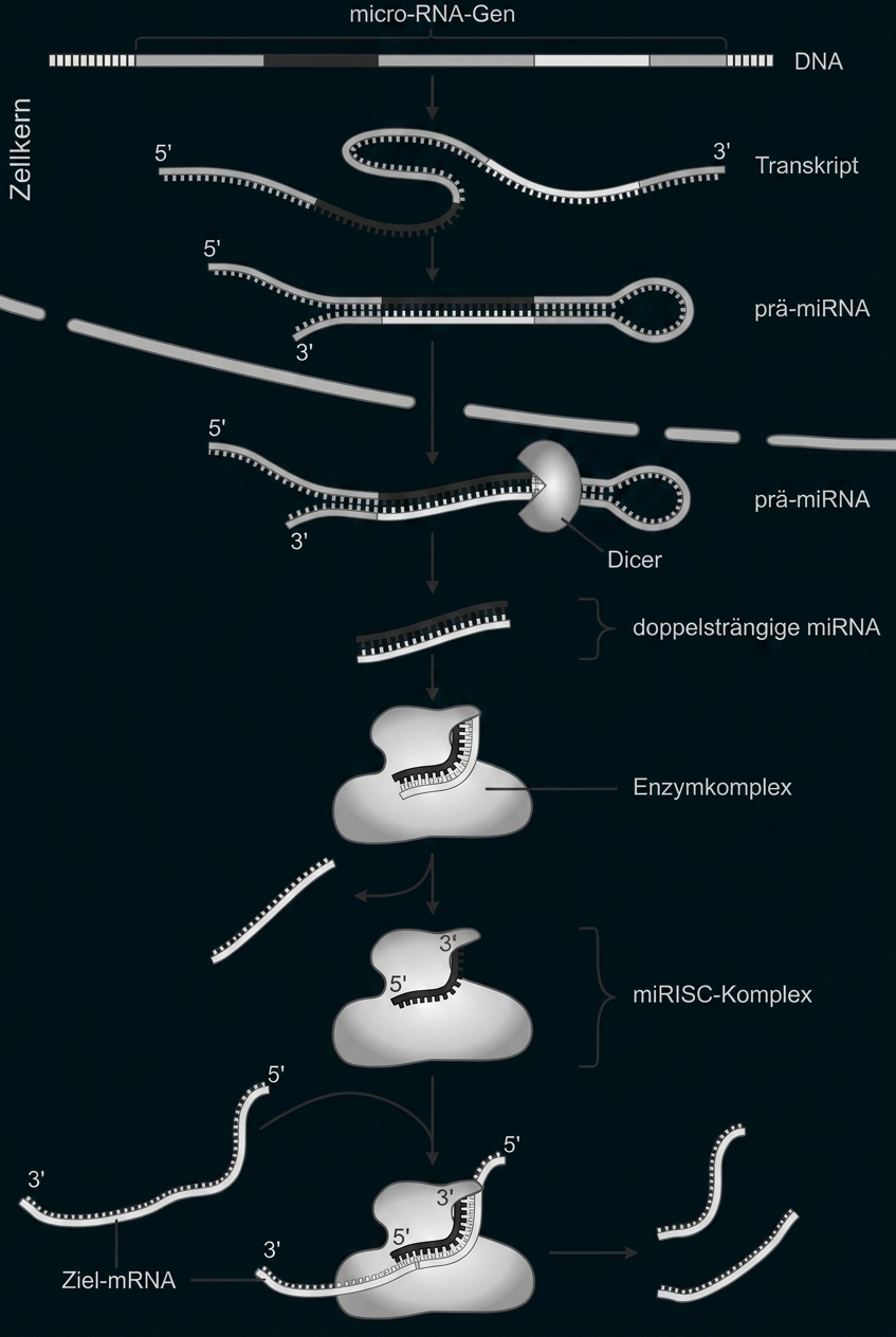 Diagramm der microRNA-Reifung: DNA → Transkript → pri-/pre-miRNA → Dicer → miRISC → Ziel-mRNA